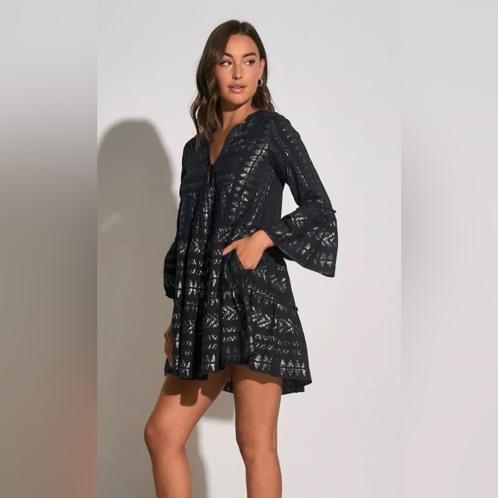 Elan Clara Dress Black & Gold Boho Chic Babydoll Dress Size Large